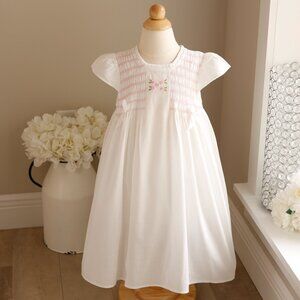 RARE Girl's White Smocked Cotton Dress Pink Embroidery Boutique Size 2/3